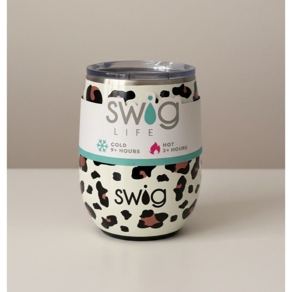 Swig Life 14oz Stemless Wine Cup Insulated Spill Resistant Lid Luxy Leopard New!